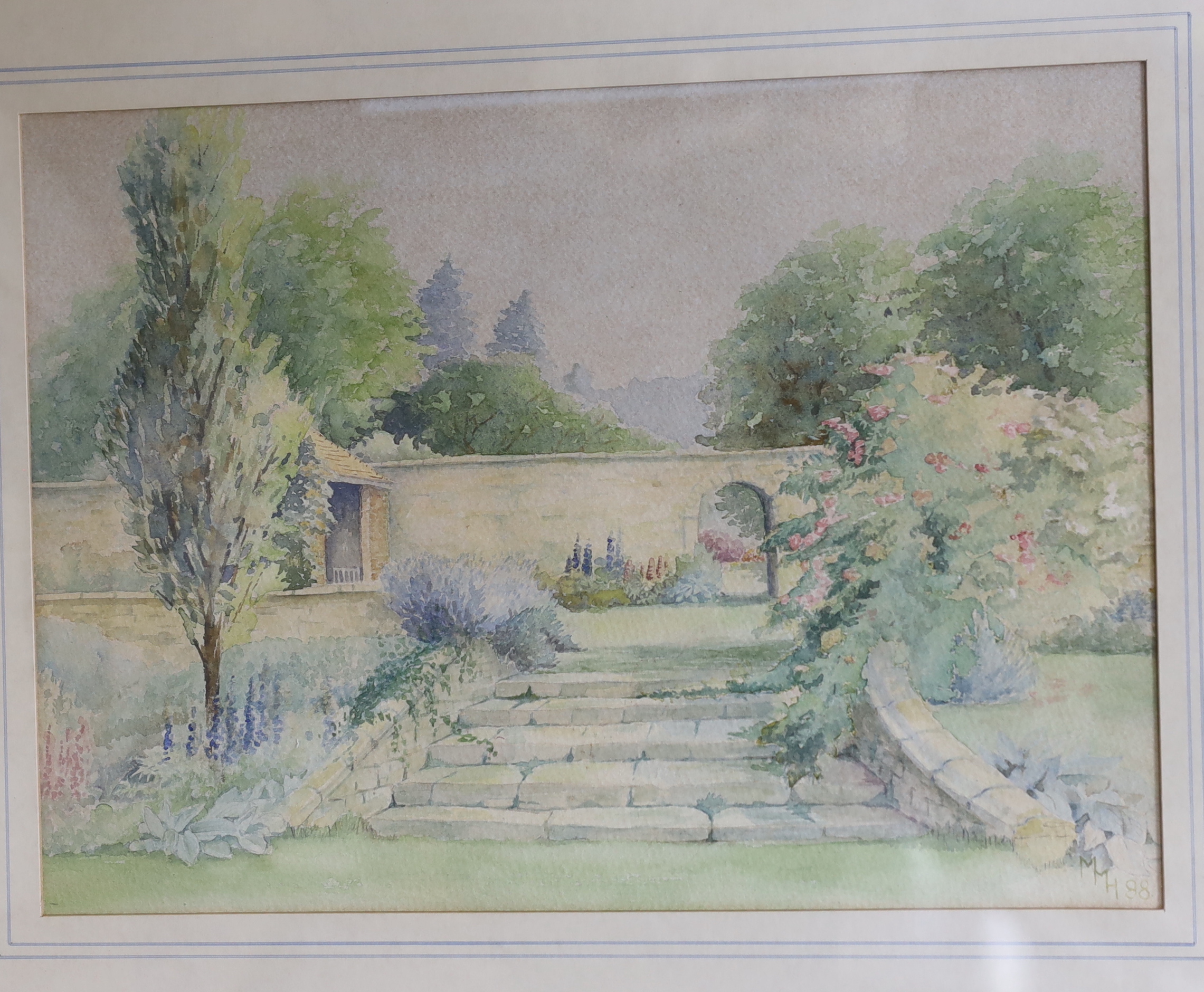 A collection of watercolours and prints including landscapes and garden scenes, one signed H. H. Hillman, largest 36 x 64cm